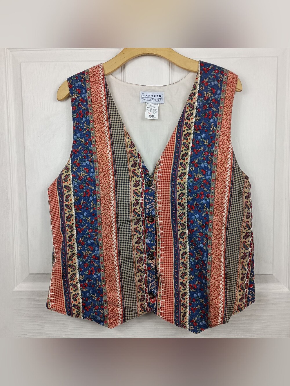 Vintage 90s Jantzen Patchwork Stripe Vest XL Floral Paisley Gingham Cottagecore